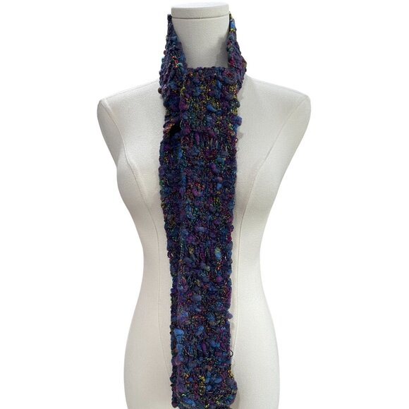 Handmade Chunky Knit Scarf Multicolor Metallic Purple 60x35 Cozy Festival Artsy - Picture 7 of 7
